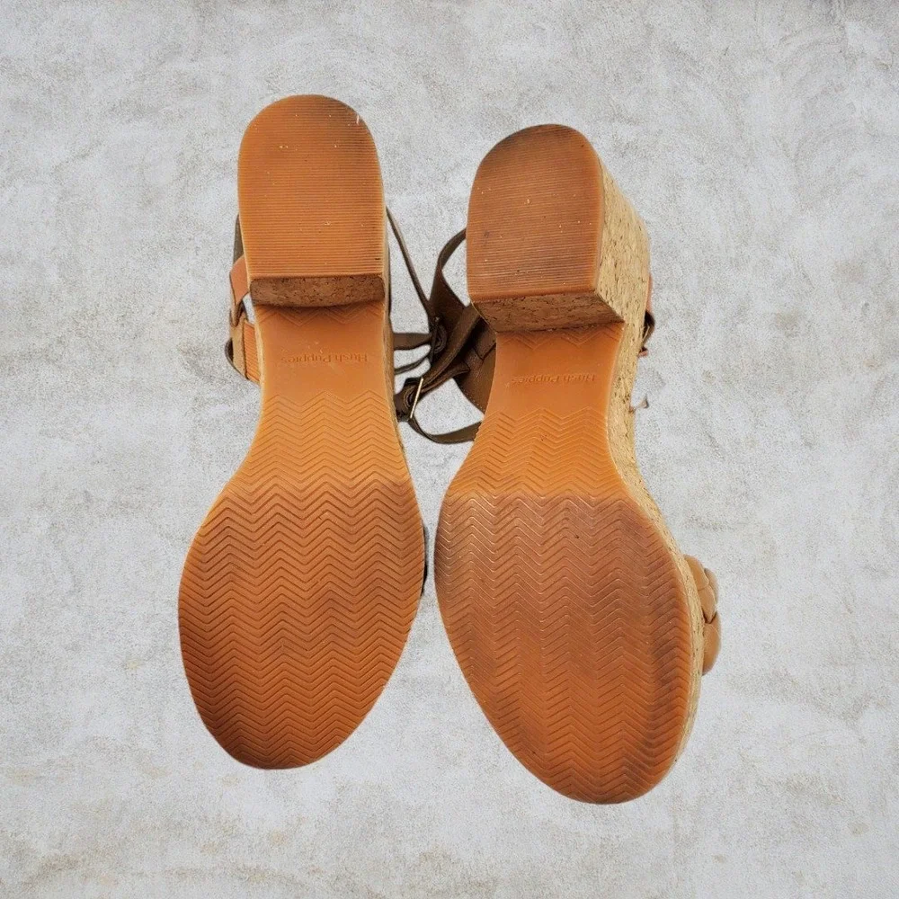 Hush Puppies Poppy Tan Braided Leather Cork Platform Block Heel Sandal Women 5.5